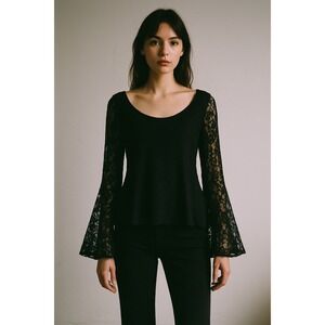 Slinky USA Vtg Stretchy Tunic Top Black Lace Witchy Flare Sleeves 2X